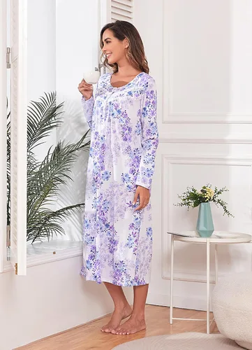 Vista 3 de QRRLUEN Camisón largo de algodón para mujer, ropa de dormir de manga larga, vestido de noche suave y cómodo