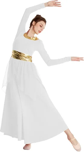 Vista 3 de MYRISAM Mujeres Alabanza Bata de Baile Culto Litúrgico Cintura Metálico Vestido de Manga Larga Falda de Gasa Traje Lírico