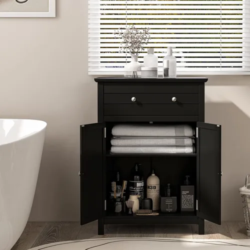 Vista 4 de Giantex Armario de almacenamiento de baño con cajón, armario de piso con puertas, estante ajustable, organizador de almacenamiento para entrada