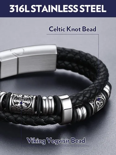Vista 2 de Bandmax Pulseras de Puño de Cuerda de Cera Doble Negra para Hombres Impermeables de Acero Inoxidable Estilo Nórdico Nudo Celta Cuentas Pulsera