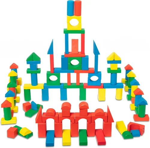 Vista 4 de Melissa & Doug Juego de bloques de construcción de madera, 200 bloques en 4 colores y 9 formas
