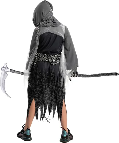 Vista 6 de Spooktacular Creations Disfraz unisex de la parca para niños, disfraz de Halloween con ojos rojos brillantes para niños para pedir truco o trato