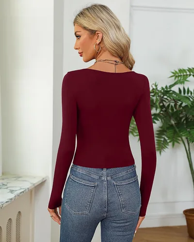 Vista 3 de Ficerd 3 piezas de camisetas cortas básicas de manga larga para mujer, ajustadas, cuello redondo, color liso, casual, para mujer