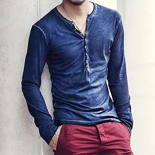 Vista 3 de Beefy - Camiseta de manga larga Henley con cuello en V y solapa frontal, estilo informal, entallada, básica