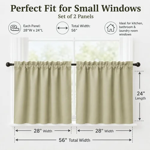 Vista 2 de Aquazolax Half Window Curtains 24 Inch Length, 28" Wide Rod Pocket Small Window Treatment for Kitchen, Bathroom, Camper, Beige, 2 Panels Set