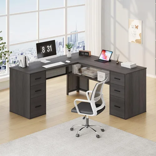 Vista 15 de HSH Escritorio negro en forma de L con cajones, escritorio de esquina con Roble negro