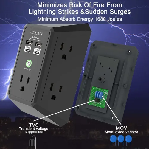 Vista 6 de QINLIANF cargador USB de pared, protector contra sobrecargas, extensor de 5 tomas con 4 puertos de carga USB (4.8 A en total), 3 lados, 1,680 J