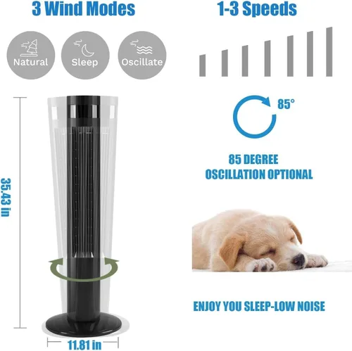 Vista 3 de Antarctic Star Ventilador de torre Ventilador oscilante de 85°, enfriamiento silencioso, temporizador de 12 horas, control remoto, sin aspas
