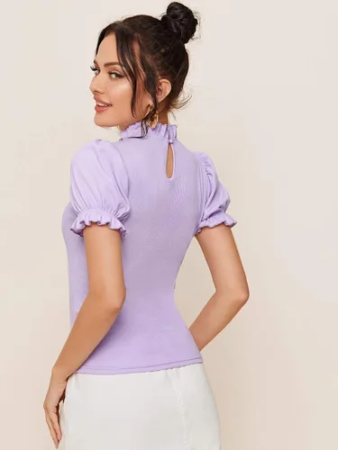 Vista 2 de Floerns Blusa con cuello de volante manga abombada para mujer