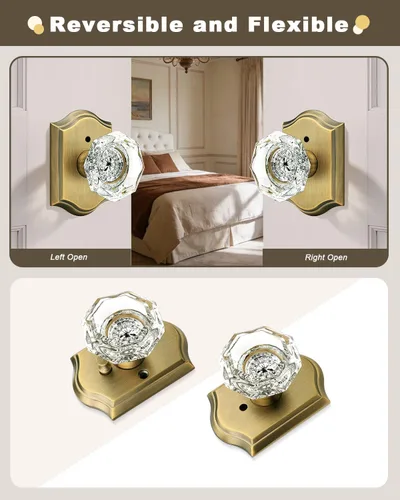 Vista 6 de Gobrico Juego de pomos de puerta de vidrio transparente para interiores, cerradura de puerta de cristal de diamante de privacidad en latón antiguo