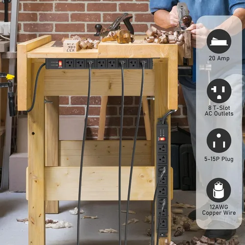 Vista 3 de JUNNUJ Regleta protectora contra sobretensiones de 20 amperios 4800J, resistente 8 salidas de metal multiángulo, tira de alimentación de garaje