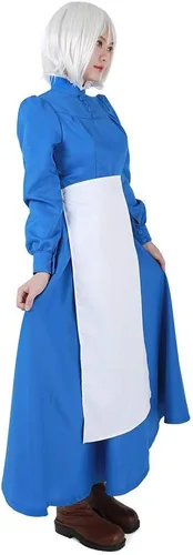 Vista 2 de miccostumes Disfraz de sirvienta para mujer, vestido de manga larga cerúleo con delantal blanco