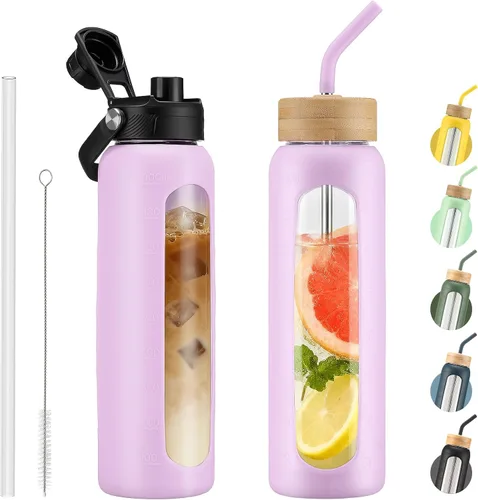 Vista 67 de Botella de agua Kodrine con pajita, botella de vidrio de 24 oz con 2 tapas, una de pajita de bambú y otra con pico y asa, botella de vidrio