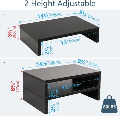 Vista 5 de TEAMIX Soporte elevador para monitor de madera, paquete de 2 unidades, soporte ajustable de 2 niveles, elevador de monitor doble para 2 Negro