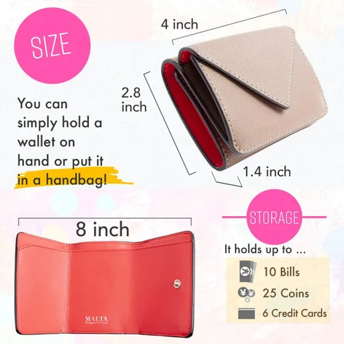 Vista 7 de MALTA Cuero auténtico Trifold Mini Billetera para las mujeres Monedero Titular de la tarjeta compacto dos tonos