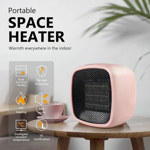 Vista 2 de YOUCIDI - Calentador eléctrico de cerámica portátil de 1000 W/800 W, calentador pequeño compacto, se calienta en 2 segundos, seguro y silencioso Rosa