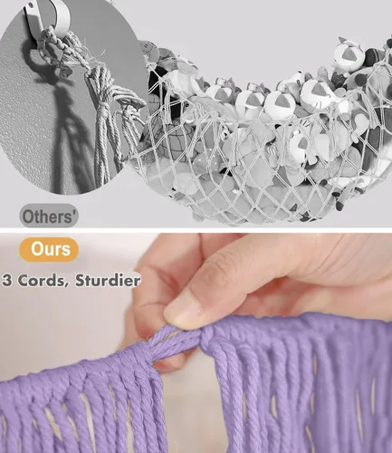 Vista 5 de Hamaca extra grande de red para animales de peluche – [56 pulgadas de largo/macramé tejido a mano/lavanda] Hamaca de almacenamiento para pared