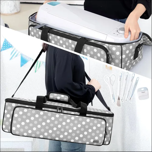 Vista 7 de LUXJA Bolsa de transporte para máquinas troqueladoras Cricut y suministros, puntos grises Bolsa de mano con patas de goma compatible con Cricut