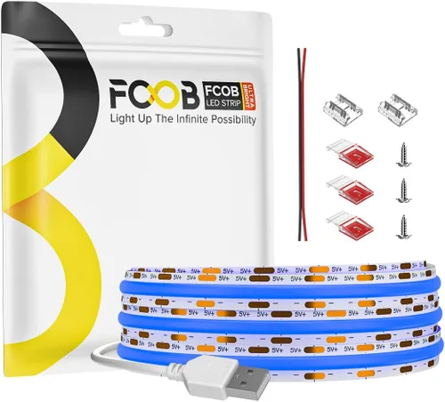 Vista 14 de Tira de luz LED USB de 6.56 pies, 5 voltios alimentada por USB, luces LED COB de 3000 K, blanco cálido de 0.315 in, tiras flexibles de alta densidad