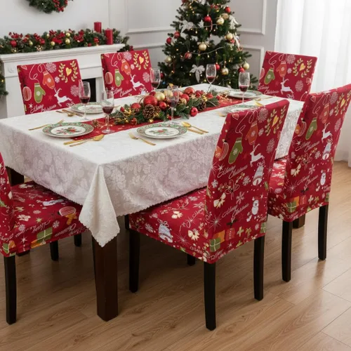Vista 6 de 4 fundas protectoras de asiento para sillas de comedor con elastano y Navidad (4, estampado de decoración navideña)