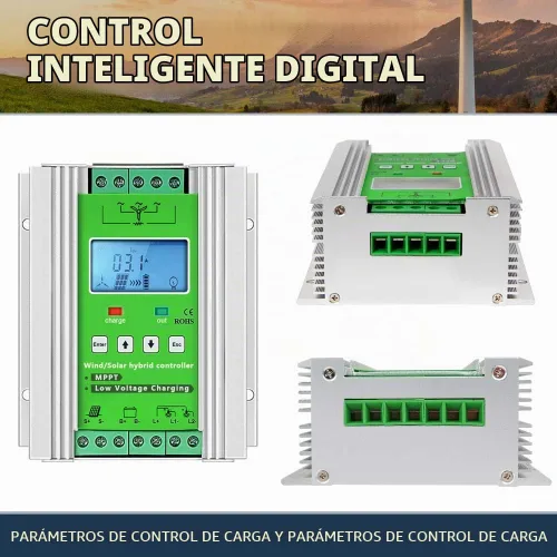 Vista 5 de Controlador de carga híbrido solar eólico de 1000 W, regulador de carga MPPT de 12 V/24 V, regulador de carga con pantalla LCD y carga de descarga