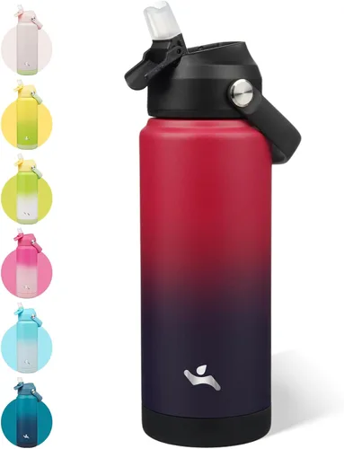 Vista 26 de Konokyo - Botella de agua deportiva aislada de acero inoxidable de 18 onzas con tapa con popote Black; BPA-free, leak-proof sports bottle with
