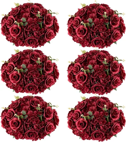 Vista 32 de Bolas de flores burdeos para centros de mesa: 11.8 pulgadas de diámetro, juego de 6