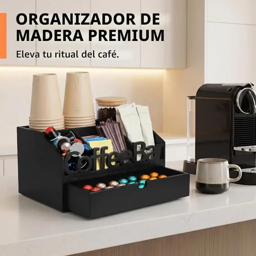Vista 3 de Organizador de Barra de Café para Encimera - Estación Organizadora de Café de Madera, Organizador de Estación de Café para el Hogar & la Oficina