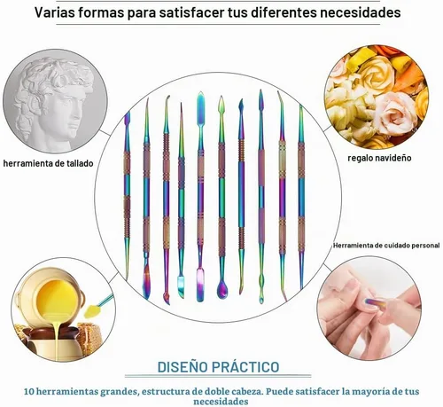 Vista 4 de Juego de 10 herramientas de talladores de cera de acero inoxidable de gran tamaño, espátula, kit de arco iris de doble extremo para producción