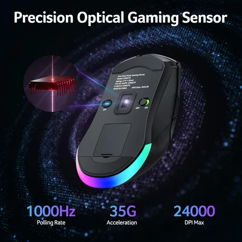 Vista 2 de acer Mouse inalámbrico para juegos para laptop, 24,000 DPI con cable para juegos de computadora con 8 botones programables, mano izquierda