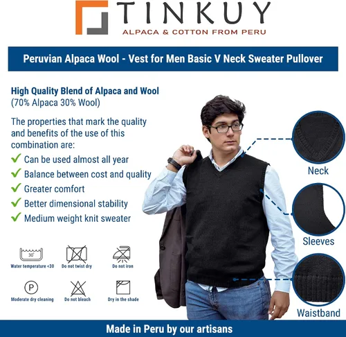 Vista 4 de TINKUY Peru Chaleco de lana de alpaca con cuello en V para hombre, S-4XL