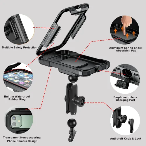Vista 3 de iMESTOU Soporte de teléfono impermeable para espejo retrovisor, soporte para teléfono de motocicleta de 1 pulgada con brazo de doble enchufe
