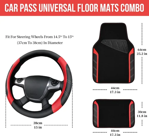 Vista 2 de CAR PASS Funda para volante de cuero y alfombrillas de coche impermeables, combo universal de microfibra para coche, diseño deportivo antideslizante