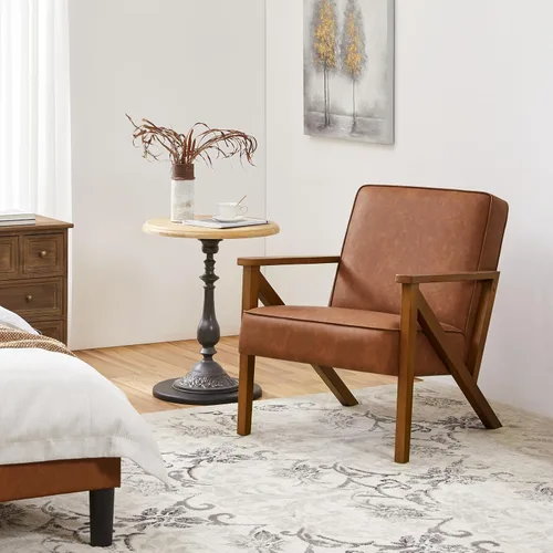 Vista 11 de Yaheetech Silla decorativa, silla de lectura de piel sintética, silla moderna de mediados de siglo con marco de madera maciza para sala de estar