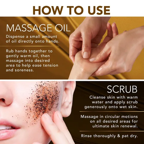 Vista 6 de Cosmetasa Kit de aceite de masaje – Aceite de masaje anticelulitis con café arábica orgánico exfoliante facial y corporal, guantes exfoliantes