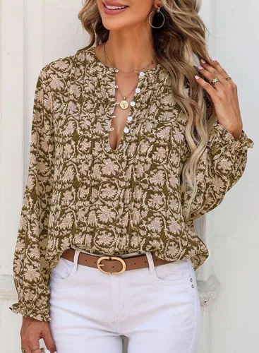 Vista 7 de SHEWIN Blusas de primavera para mujer, estilo casual, cuello en V, manga larga, blusas florales bohemias