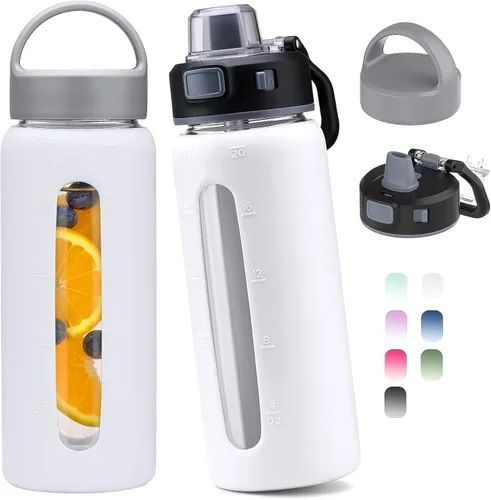 Vista 17 de Kodrine - Botella de agua de vidrio de 20 onzas con popote y 2 tapas para fácil transporte, con asa, funda de silicona y marcador de tiempo, botella