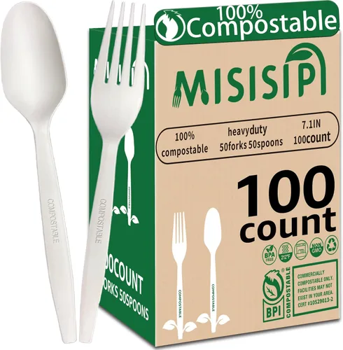 Vista 9 de MISISIPI Juego de utensilios compostables de 150 unidades, resistente con certificación BPI, tenedores desechables sin plástico, cucharas, cuchillos