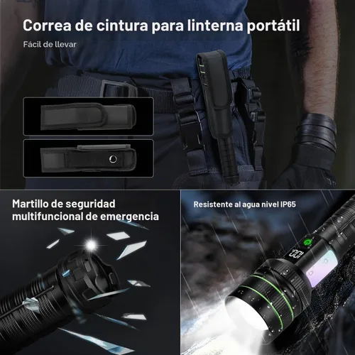 Vista 7 de KZK - Linterna recargable de 90000 lúmenes altos con mango largo, potente linterna de mano con 11 modos de luz, impermeable y zoomable para el Negro