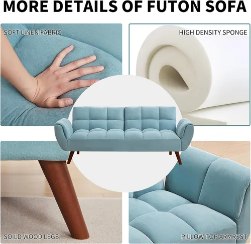 Vista 5 de Sofá cama futón convertible, sofá cama de lino, 75 pulgadas de ancho, moderno sofá capitonado de 3 plazas con respaldos ajustables y patas de madera