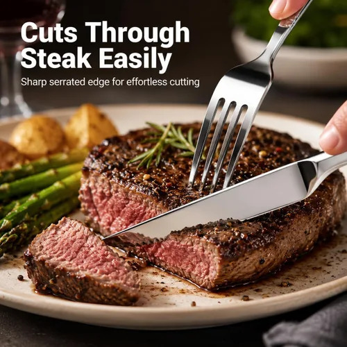 Vista 7 de SANTUO 12-Piece Steak Knife and Fork Set for 6, Stainless Steel Steak Knives with Dinner Forks, Serrated Steak Knife Set, Mirror Polished