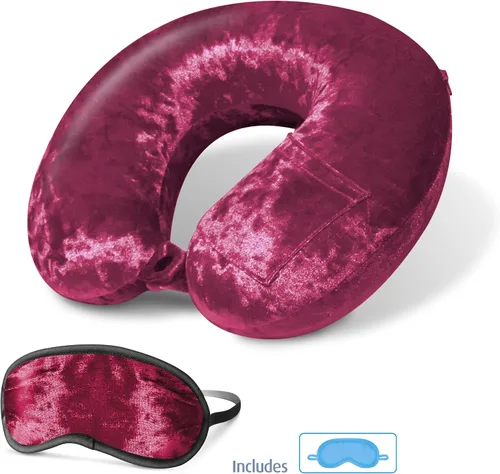 Vista 5 de Luxe Crushed Velvet Ultra Premium Comforlite Almohada de cuello de viaje en avión con máscara de dormir lujosamente suave a juego, color rojo