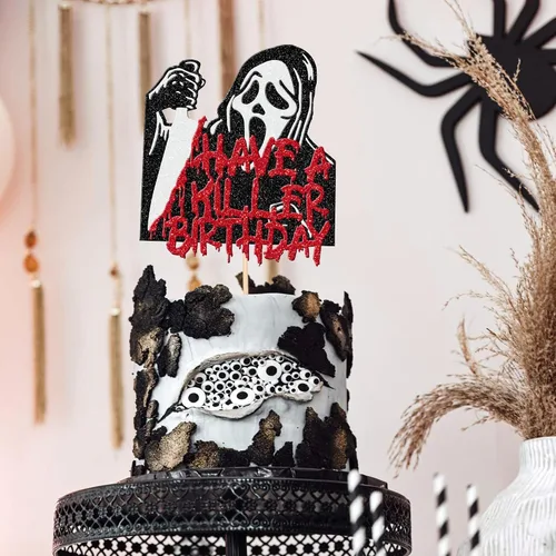 Vista 4 de 1 pieza de decoración de pastel de cumpleaños con purpurina montada con purpurina clásica de Halloween para torta de terror sangrienta temática