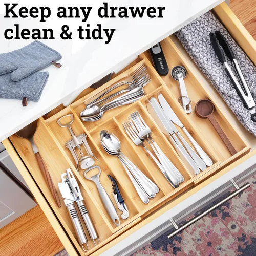 Vista 3 de Dynamic Gear - Organizador de cajones extensible de bambú, cubertería y bandeja de utensilios de calidad, 100% bambú puro, separador de cajones