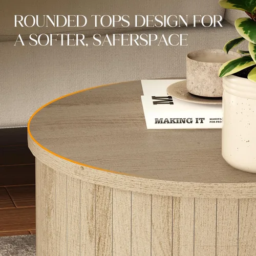 Vista 3 de Mesa auxiliar redonda acanalada para sala de estar, moderna mesa auxiliar de madera para sofás y sofás para espacios pequeños, mesa de noche de 21.9