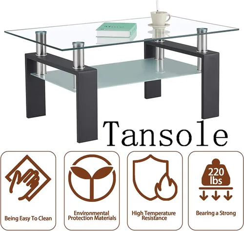 Vista 5 de Mesa de centro rectangular de vidrio de 39.4 pulgadas, mesa de centro negra con vidrio templado y patas de metal, mesa central moderna de 2 niveles