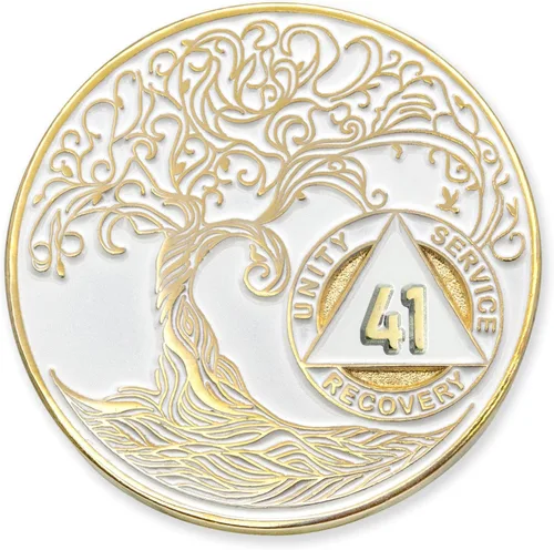 Vista 35 de 1 año Sobriety Mint Twisted Tree of Life Medallón de recuperación AA chapado en oro, chip/ficha - negro