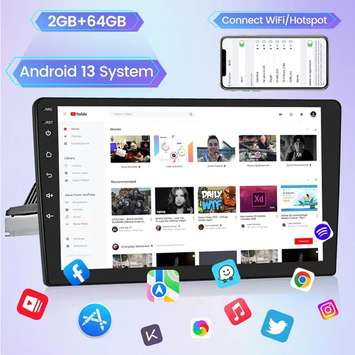 Vista 2 de Estéreo de coche de 2+64G Android Single DIN con Apple Carplay inalámbrico y Android Auto - Pantalla táctil de 10 pulgadas con WiFi/navegación