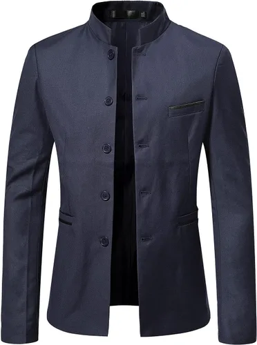 Vista 6 de Men's Chinese Tunic Suits Mandarin Collar Formal Suit Jacket Solid Slim Fit Front Button Blazer Traditional Uniform Negro