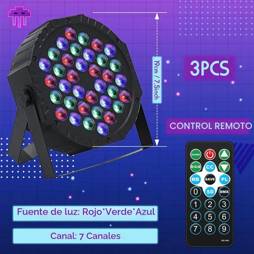 Vista 2 de Paquete de 3 luces LED par para DJ, luz de escenario de 7 canales para escenario con control remoto y control DMX, luces elevadas activadas por